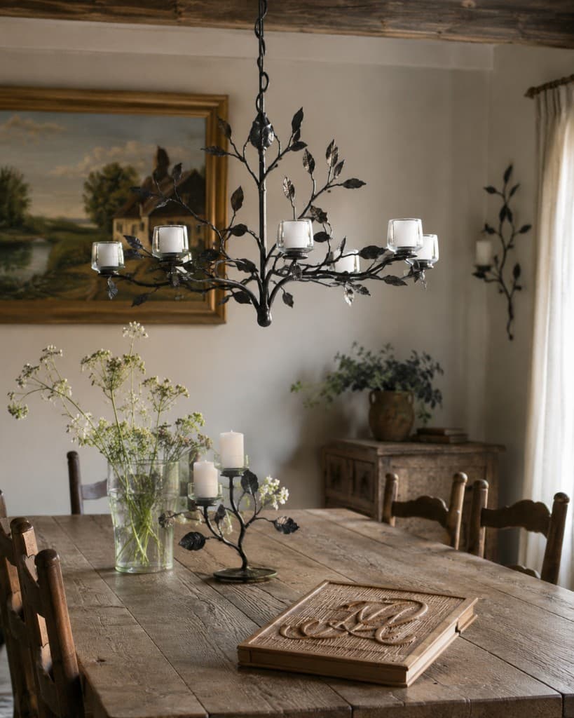 Grein chandelier and candlesticks displayed in a dining room