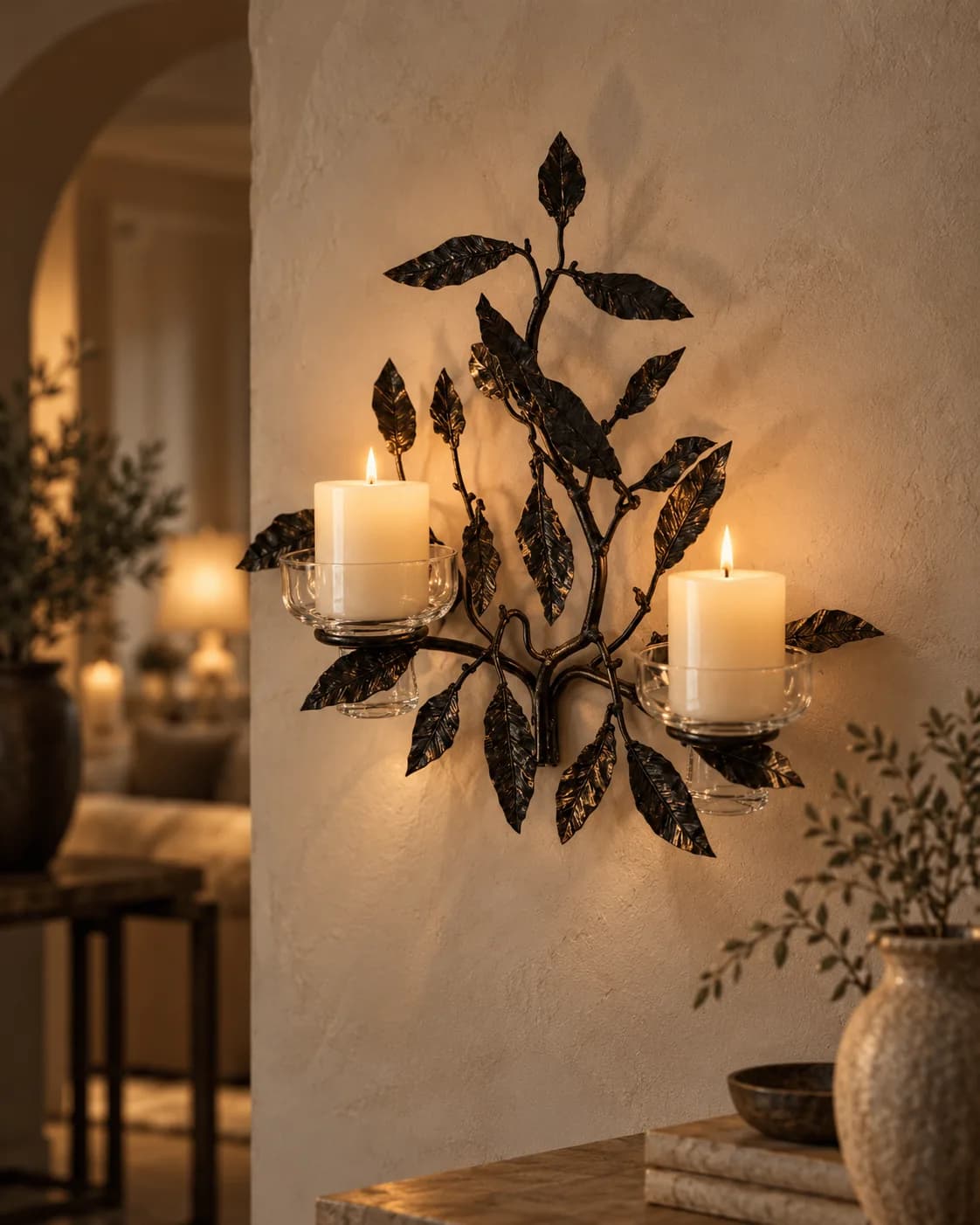 Líf wall candle holder shaped as a forged branch with leaves and two lit pillar candles in glass cups on a light wall.