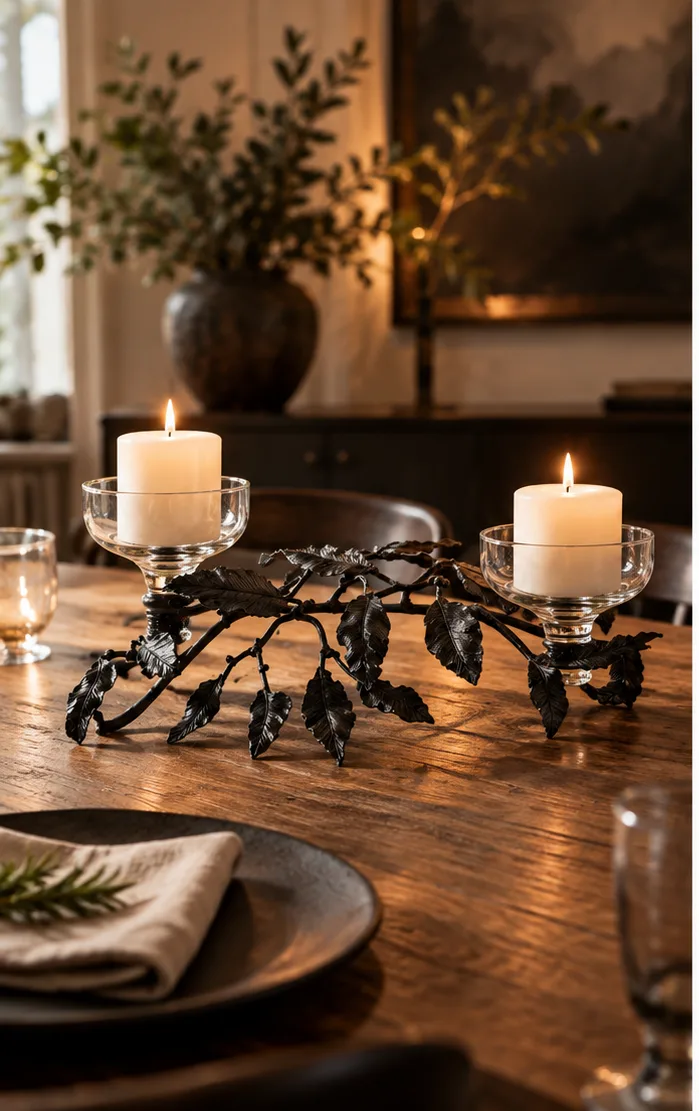 Ljós table candle holder shaped as a forged branch with leaves and two glass cups holding lit pillar candles on a wooden table.
