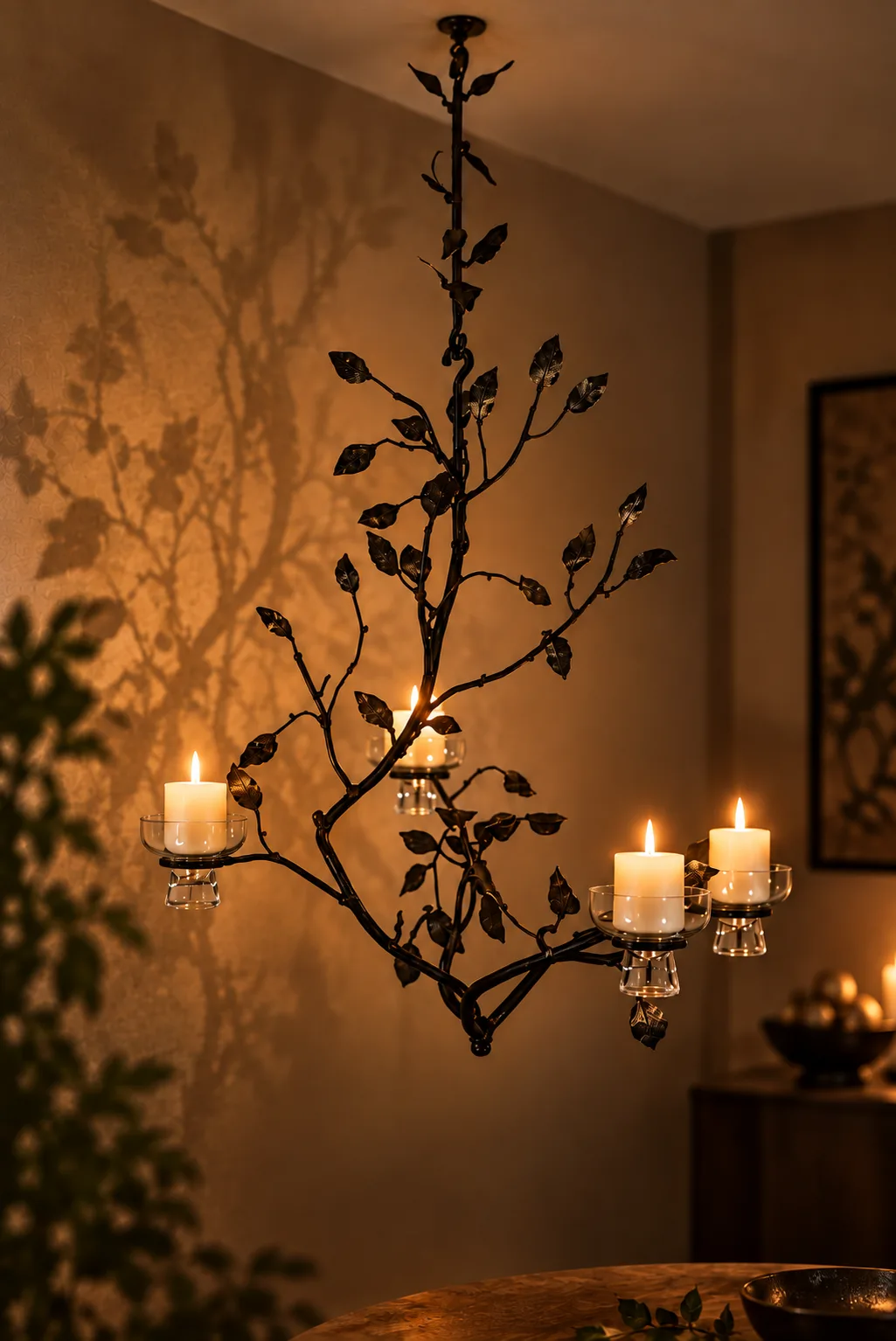 Króna chandelier shaped as a forged branch with leaves and four lit pillar candles in glass cups.