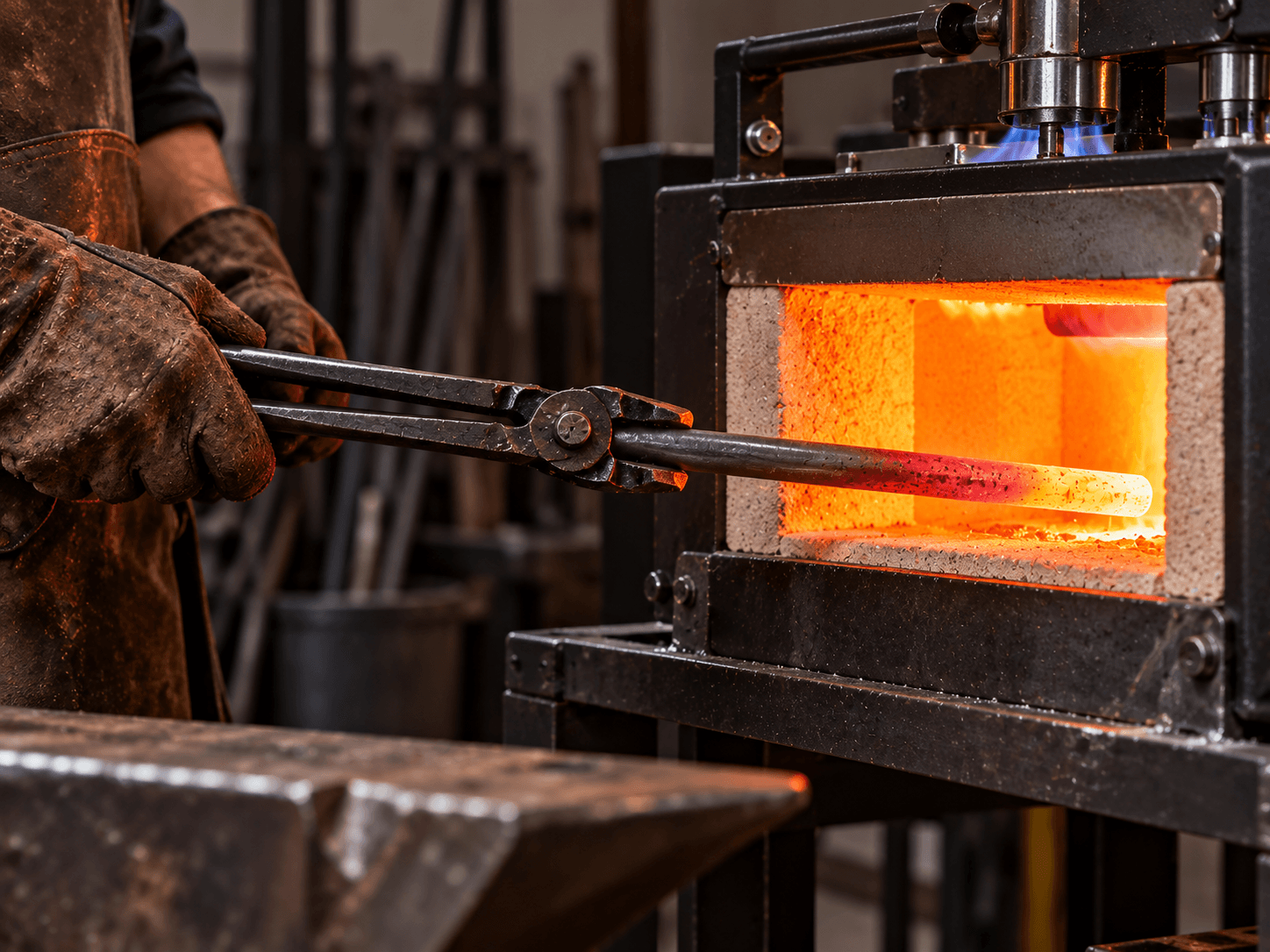 Heating iron in a blacksmith's forge