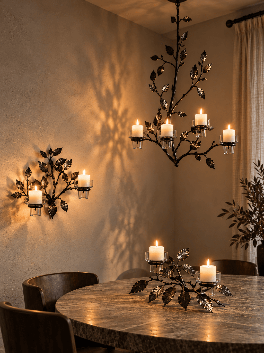 Three Grein ironwork pieces displayed in a dining nook