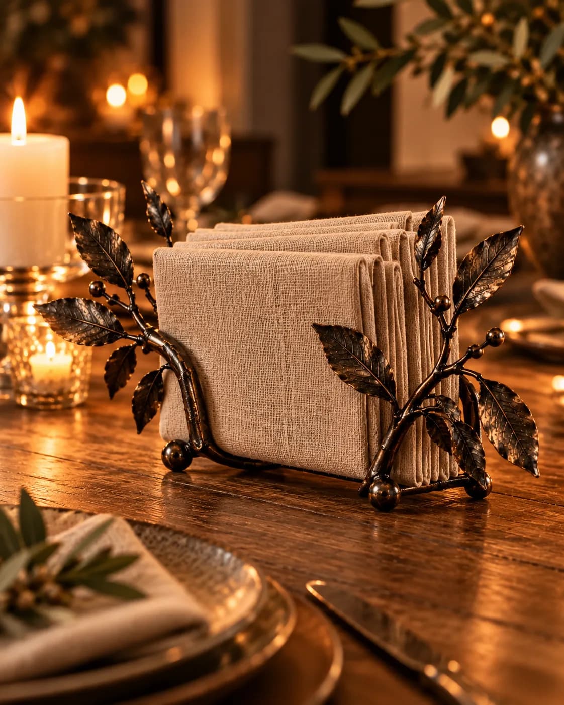 Dúkr standing napkin holder with leaf motif, filled with folded cloth napkins on a wooden table.