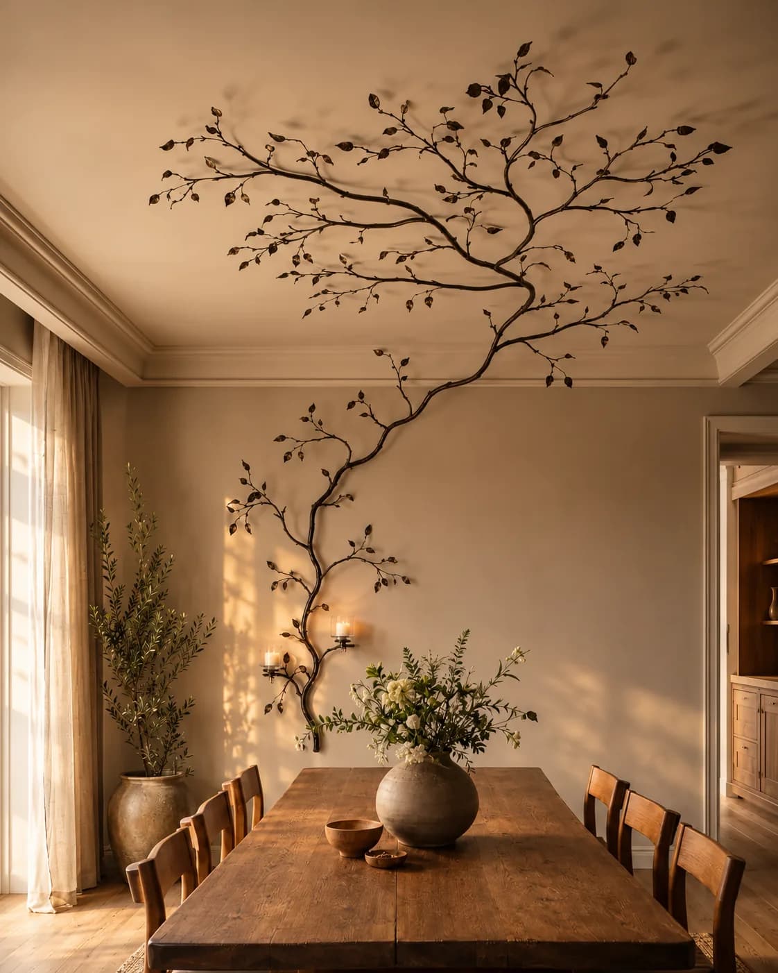 Vefr installation shaped as a forged branch with leaves along wall and ceiling in a sunlit dining room.