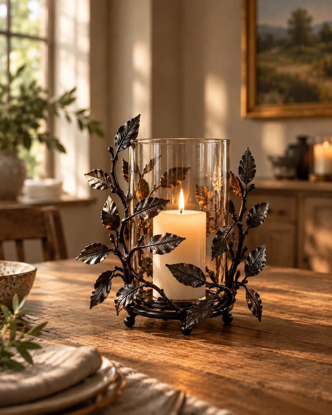 Eldr holder with organic leaves around a glass cylinder with a lit pillar candle.