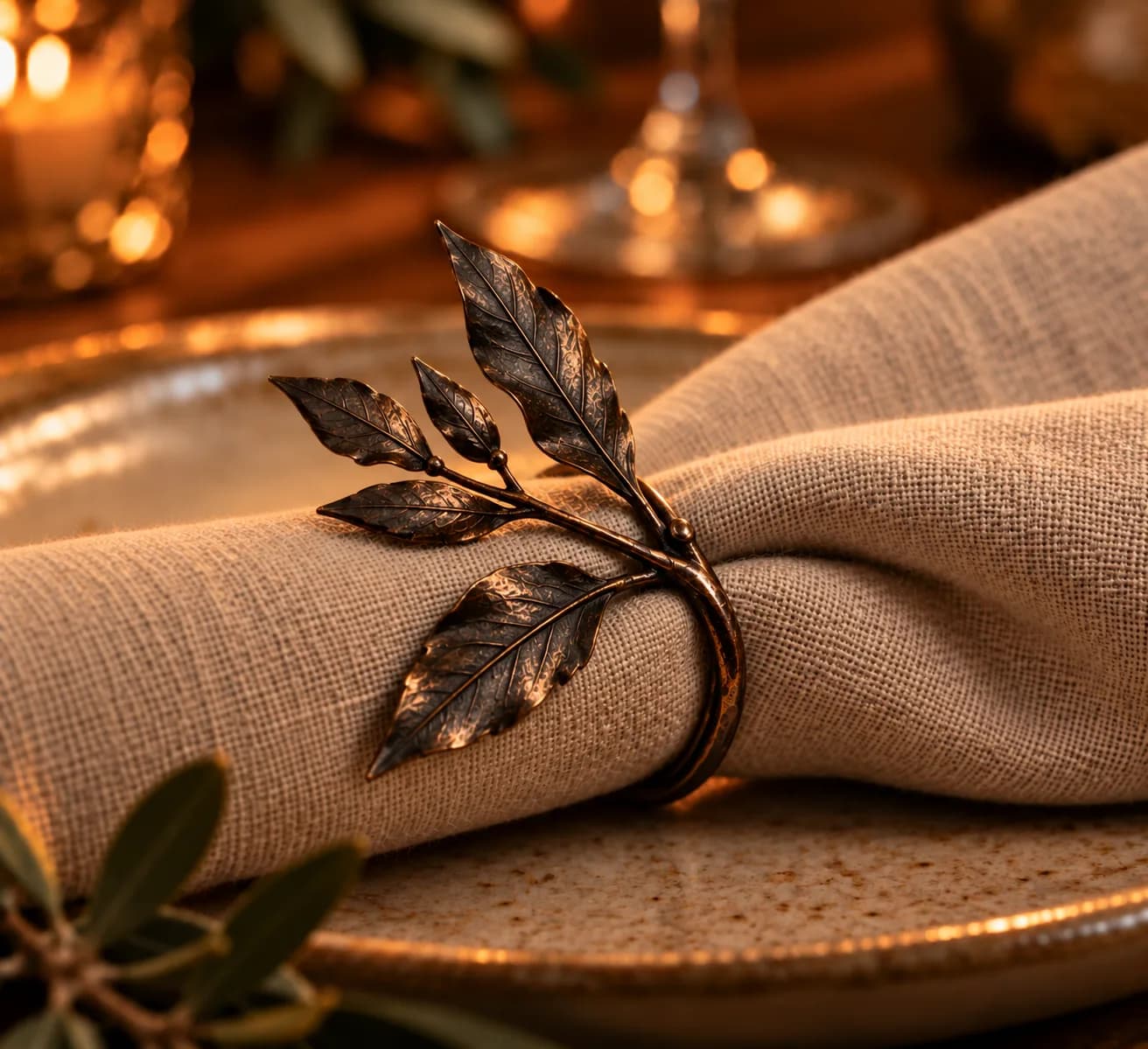 Hringr napkin ring with leaves around a folded cloth napkin on a plate.