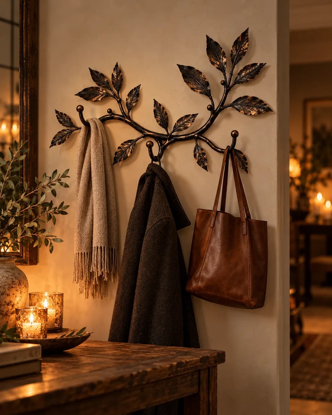 Krókr coat rack shaped as a forged branch with leaves on a wall, holding a coat, scarf and bag.